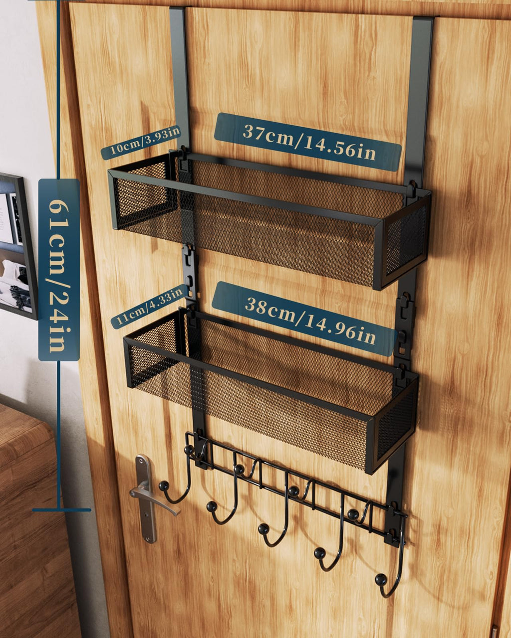 Consumest Over The Door Hooks Organizer - 3 Tier Door Hanger with 9 Coat Hooks & 2 Mesh Basket, Back Storage Organizer Hanging Towels for Bathroom, Bedroom, Black