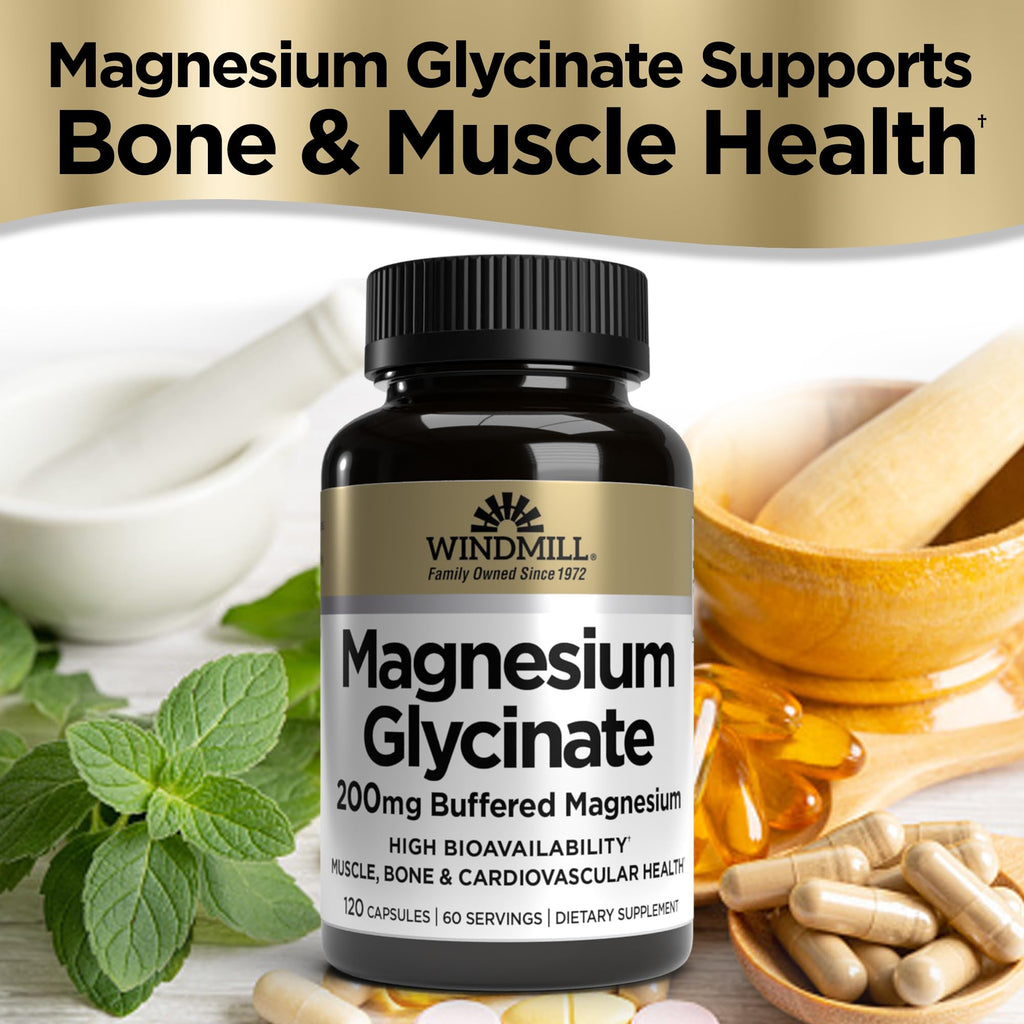 Windmill Magnesium Glycinate 200mg, High Absorption Magnesium Supplement, Buffered Formula, 120 Capsules, Non-GMO, Gluten Free, Supports Muscle, Nerve, Bone & Cardiovascular Health
