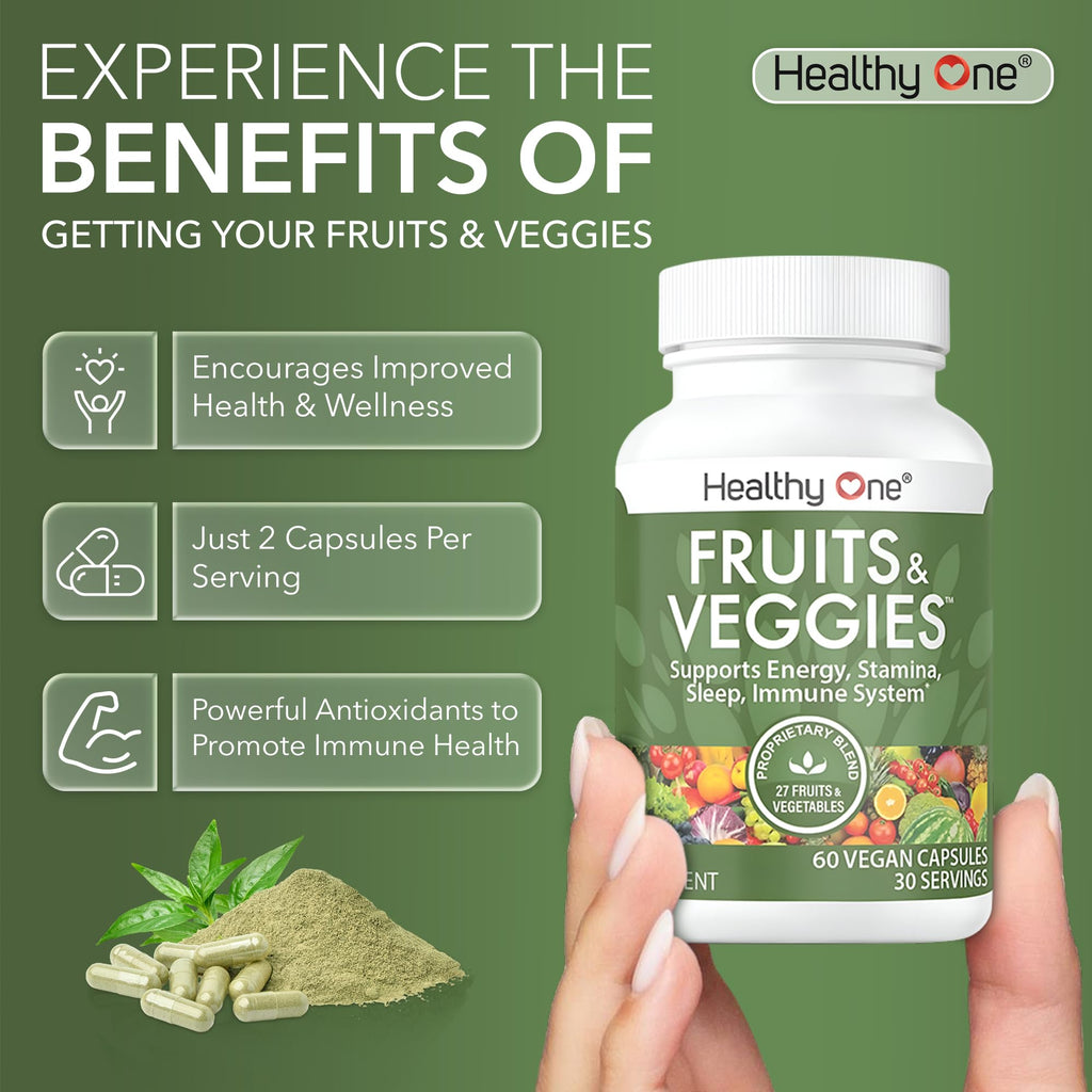 Fruits & Veggies Formula - 27 Premium Whole Foods - Organic Ingredients - Equals 3 Servings of Fruits & Vegetables - Improve Energy, Focus & Immune Function - Fiber - Antioxidants - 60ct (30 Serv)