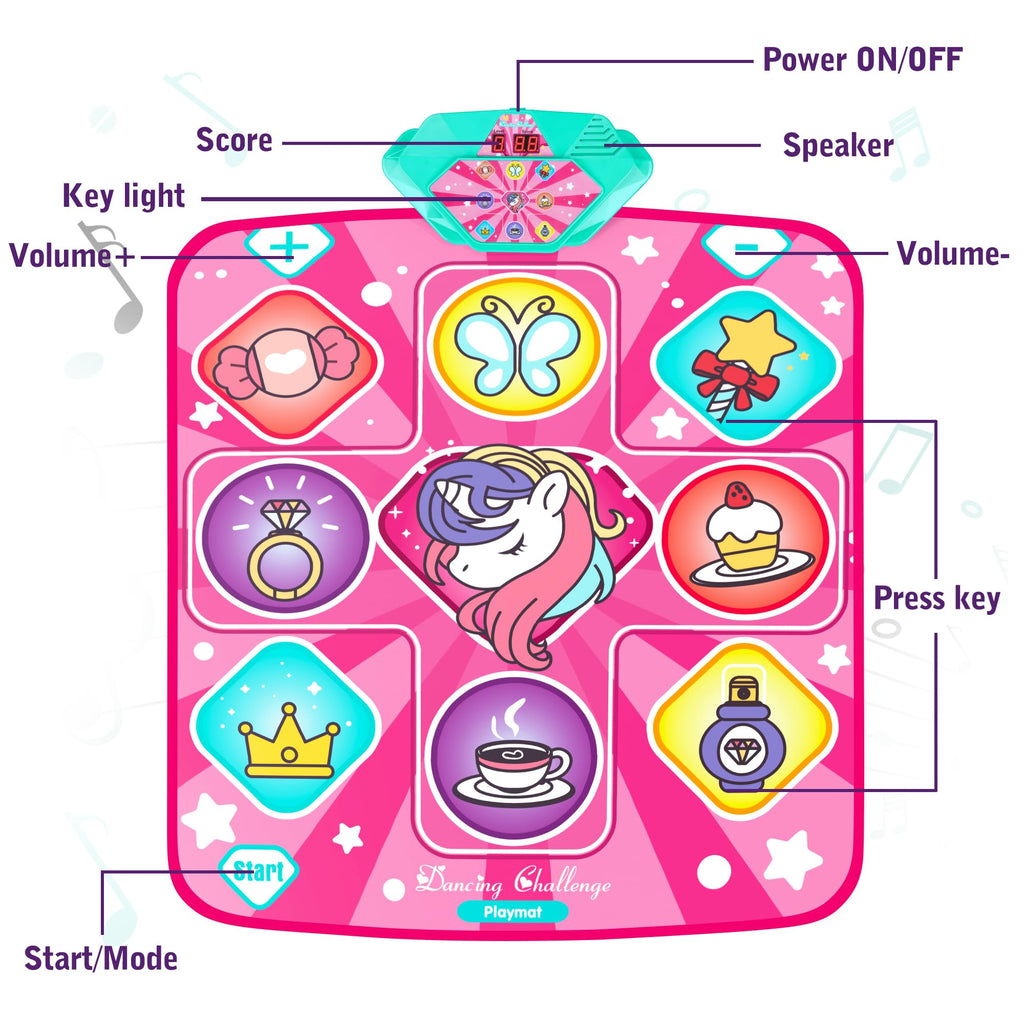 Unicorn Dance Mat for Girls, LED Music Pad, 5 Game Modes, Gift for Kids 3+
