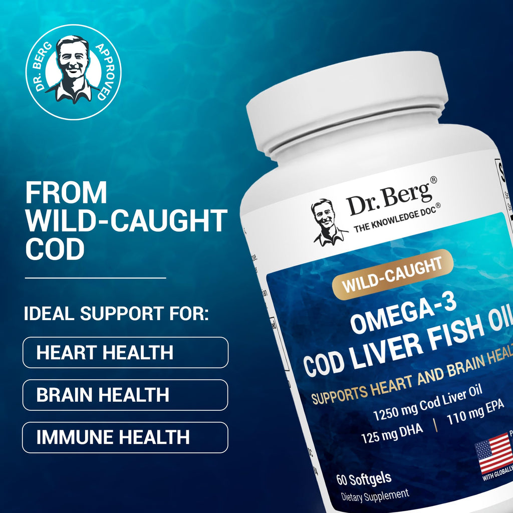 Dr. Berg Omega-3 Cod Liver Fish Oil 60 Softgels – Wild-Caught Icelandic Cod – Omega 3 EPA & DHA – Heart, Brain, Immune & Eye Support* – Lemon Flavor – 4X Lab-Tested – Non-GMO, No Fillers