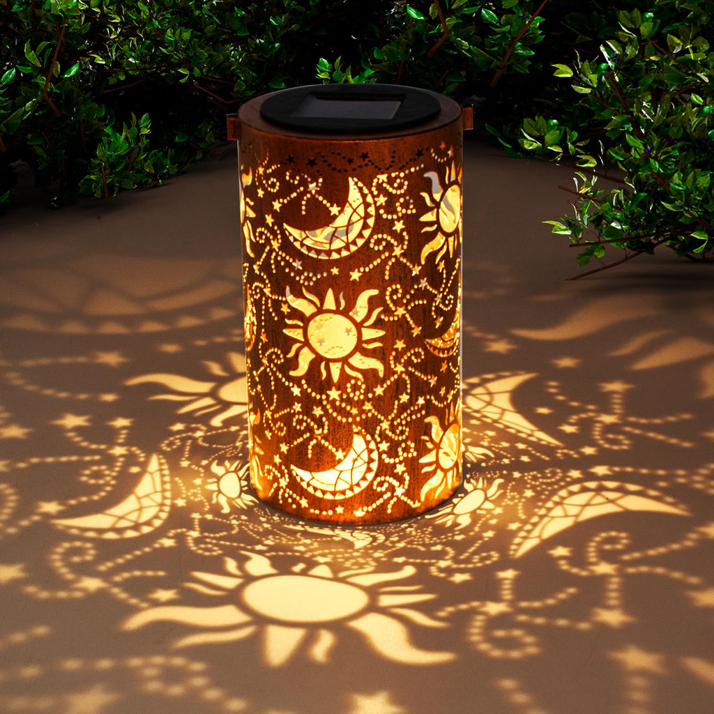 DIBIEECN Birthday Gifts for Women Mom Grandma Wife, Solar Lanterns Outdoor Waterproof, Metal Hanging Lights Garden Decor, LED Decorative Lantern for Patio Porch Backyard, Sun and Moon, 1 Pack