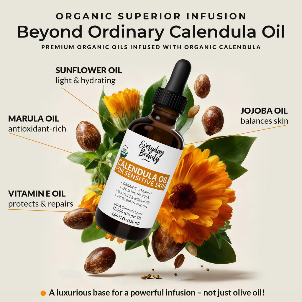 Organic Calendula Oil For Sensitive Skin - USDA Certified 100% Plant Based, Lightweight & Unscented Gentle Soothing Oil For Sensitive Skin - For Face, All Over - Large 4.06 Fl Oz Glass & Dropper