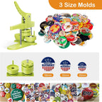 Button Maker Machine Pin Maker 1''+1.25''+2.25'' Button Making Supplies, DIY 300 Pinback Button/10 Keychain Badge/10 Bottle Opener Button/10 Flat Badge for Christmas Party (Green, 1''+1.25''+2.25'')