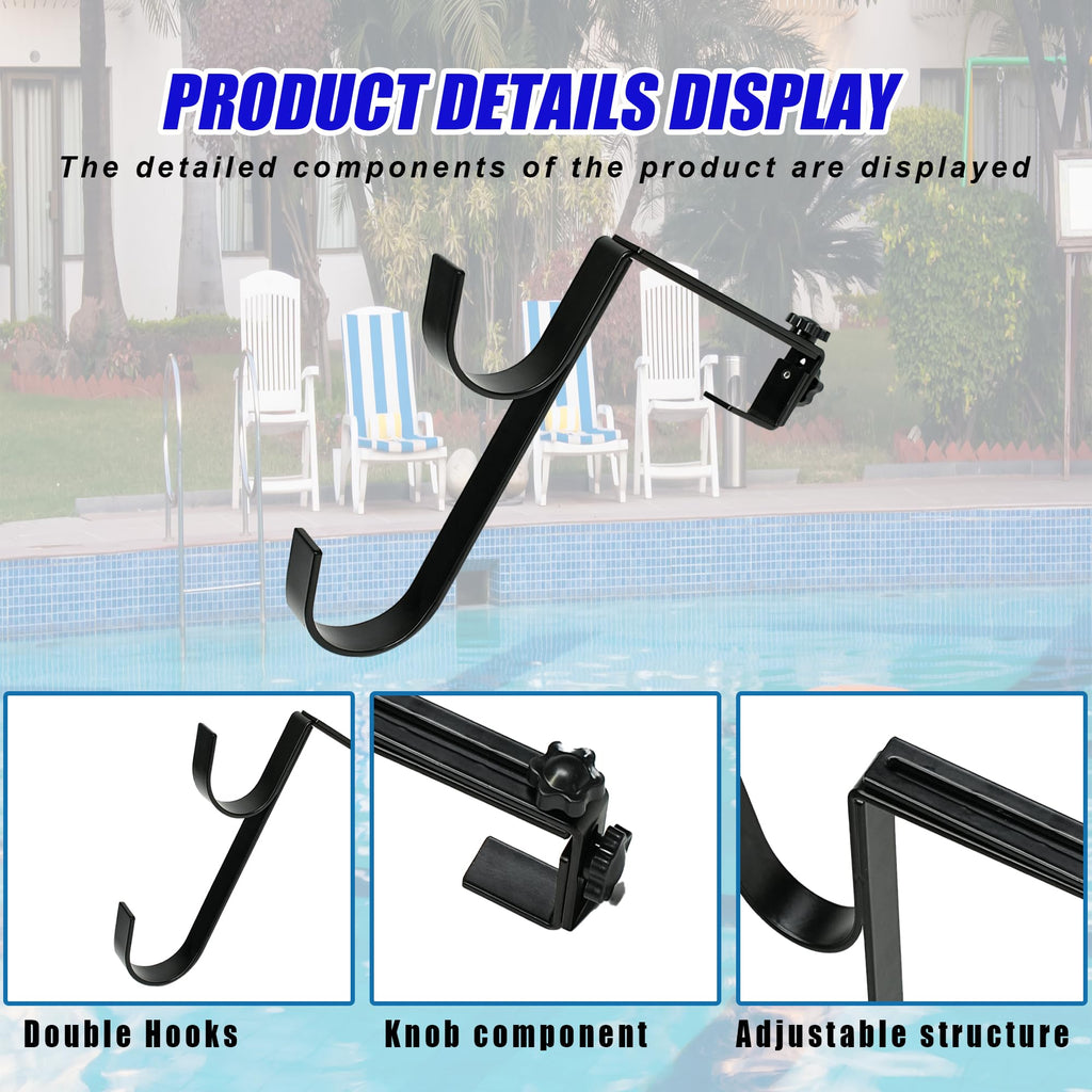 Desunqin Metal Pool Pole Hangers for Above Ground Pool, Adjustable Double Hooks for Poles Skimmers, Heavy Duty Pool Tool Holder