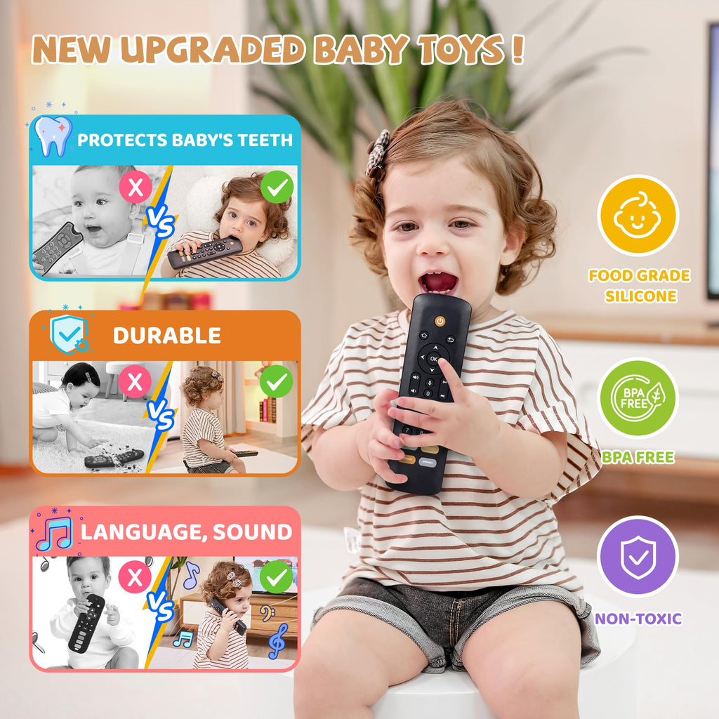 Baby TV Remote Toy - Realistic Play Remote toy with Lights and Sounds, 3 Languages (English, Spanish & French), Learning Musical Toys, Preschool Infant Boys Girls Toys Gift for 1 2 Year Old, Black