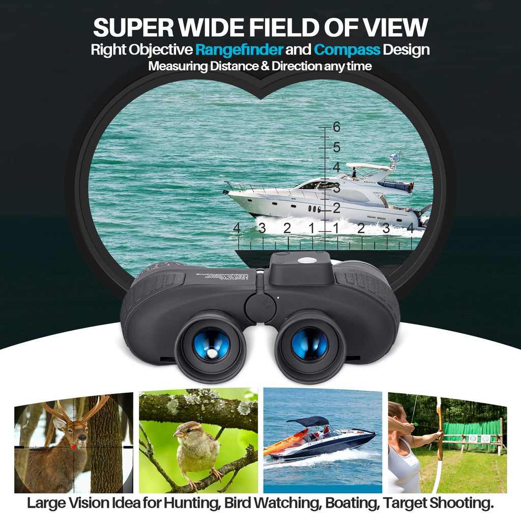 10x50 Marine Binoculars with Rangefinder for Adults - IPX7 Waterproof BAK4 Prism FMC Lens Binoculars with Compass and Shoulder Harness Strap for Navigation Hunting Bird Watching