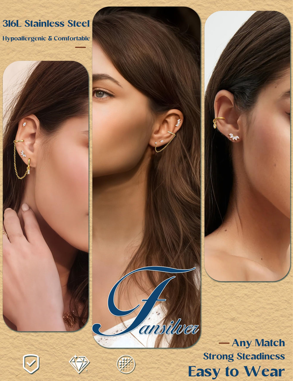 10 Pairs Gold Earring Stacks - Hypoallergenic Flat Back Stud & Hoop Set