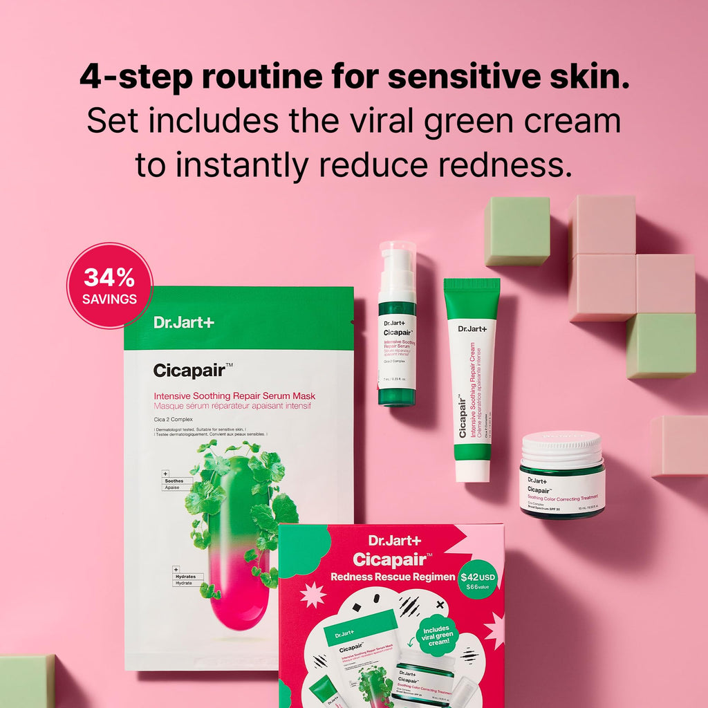 Dr.Jart+ Cicapair Redness Rescue Regimen Korean Skin Care Set with Centella Asiatica | 4 Piece Travel Size Value Gift Set