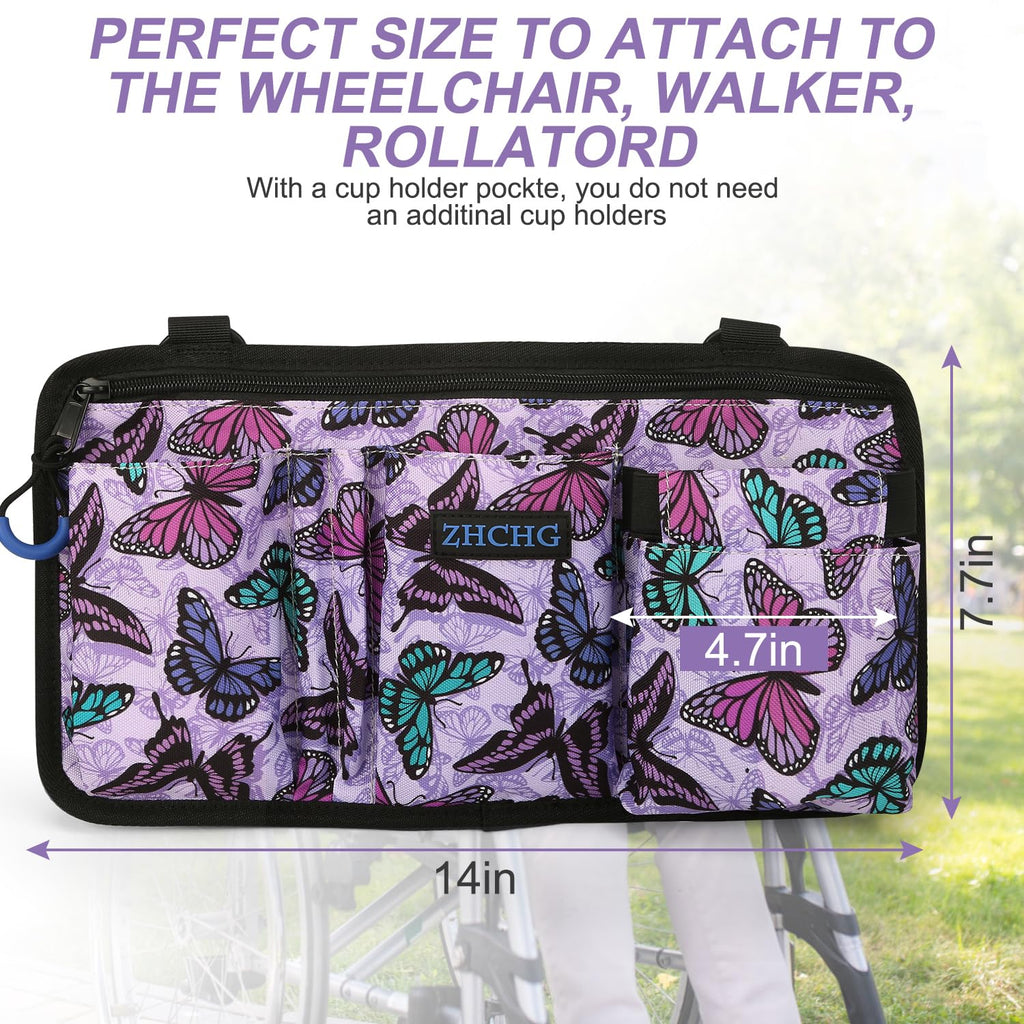 ZHCHG Wheelchair Side Bag with Cup Holder, Wheelchair Armrest Pouch Accessories for Walker, Rollator, Electric Scooter Wheelchairs, Ideal Gift for Mother's Day & Father's Day -Purple