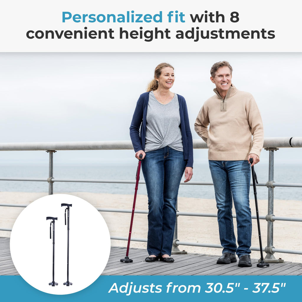 HurryCane Freedom Edition Foldable Walking Cane with T Handle - Enhanced Mobility Support - Patented SteadiGrip Base - Adjustable Height - Lightweight Foldable Design - Red