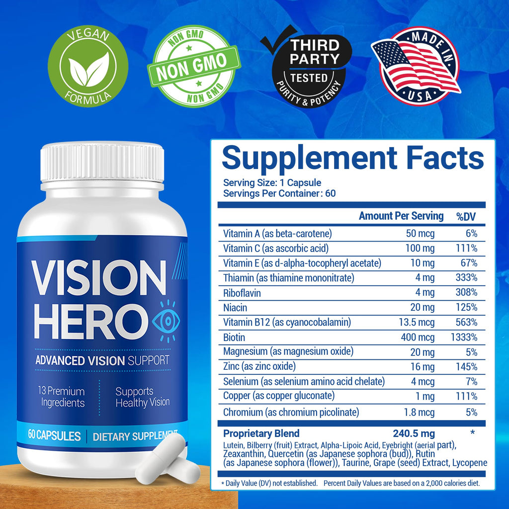 Vision Hero Advanced Vision Support, Eyes Supplements - 60 Capsules Eye Health Supplements for Adults (Pack of 1)
