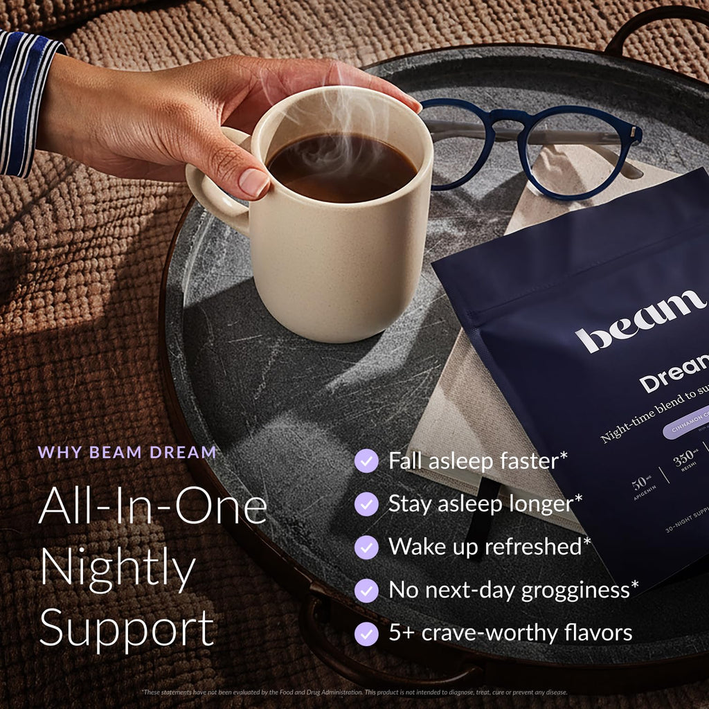 Beam Dream Sleep Powder – Sleep Aid for Adults with Melatonin, Magnesium, L-Theanine, Reishi Mushroom & Apigenin Sleep Supplement, Sleepy Cocoa Bedtime Drink Mix, Starter Set, 10 Servings & Frother