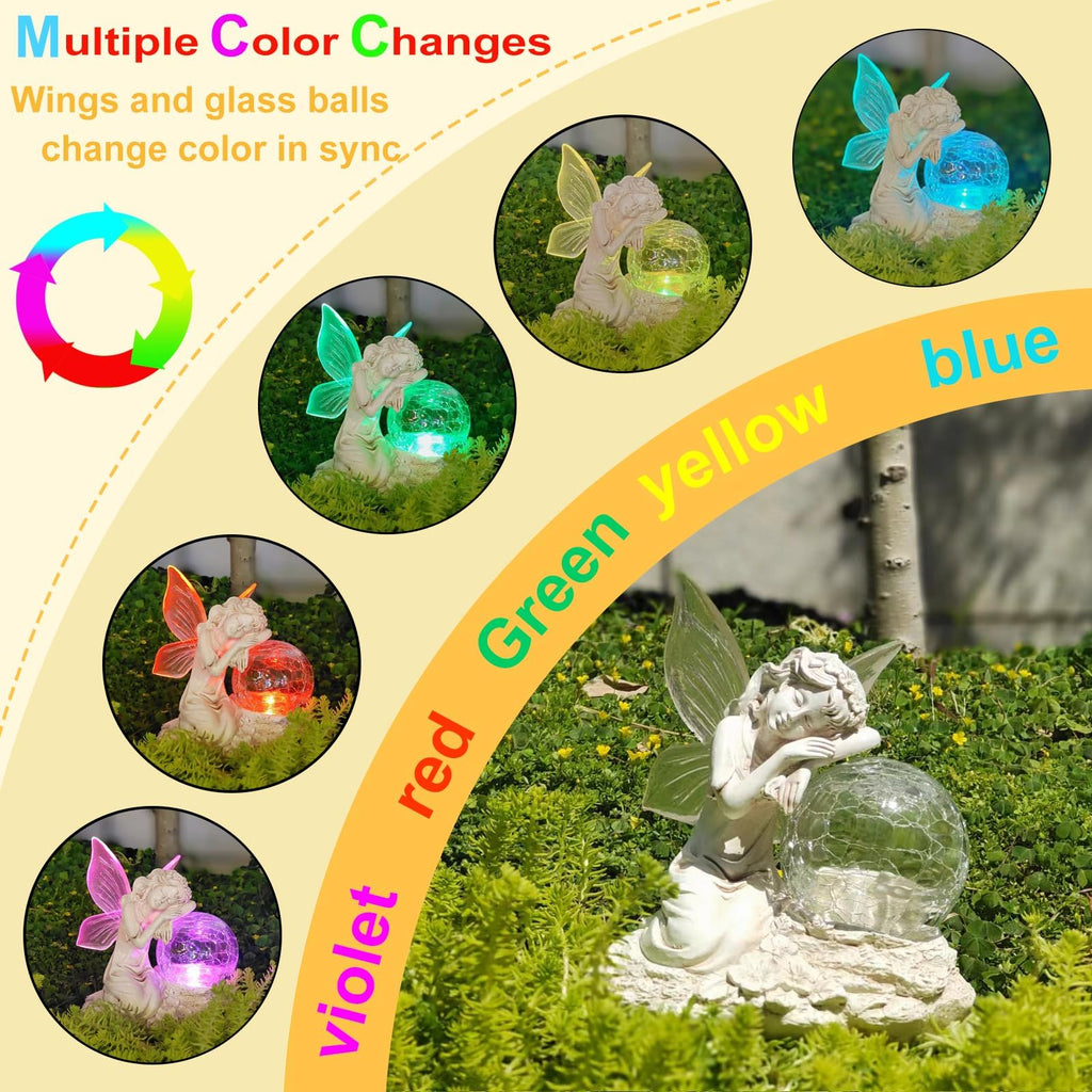 RATUEJIA Solar Fairy Garden Statue, Outdoor Waterproof Resin Fairy Figurine Lights with Cracked Glass Ball, Fairy Garden Decor for Yard Patio Lawn, Ideal Gift for Women & Garden Lovers