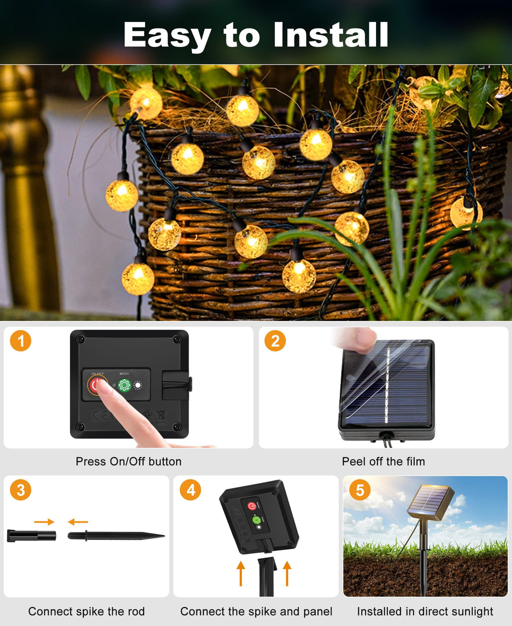 btfarm 4 Pack Solar String Lights Outdoor Waterproof, Each 49 FT 50 LED Solar Powered Patio Light, 8 Lighting Modes Crystal Globe Decor for Garden Yard Porch Party Wedding, Warm White