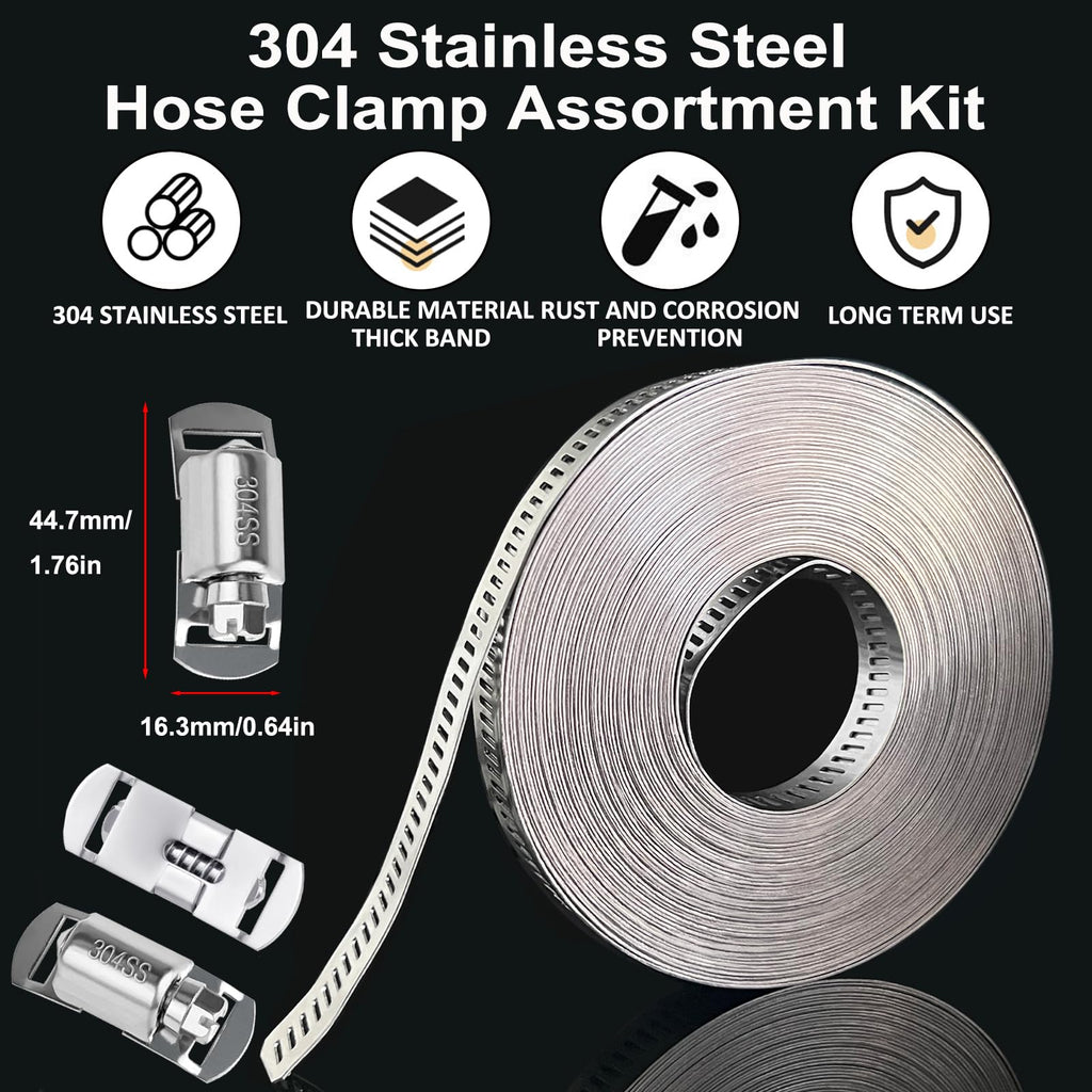 Hose Clamps Stainless Steel, Large Worm Gear Duct Pipe Hose Clamp Assortment Kit, Band Fittings Strap, 32.81FT Adjustable Metal Bolt with 20 Stronger Fasteners Screw for Plumbing Auto Tube Fuel Line