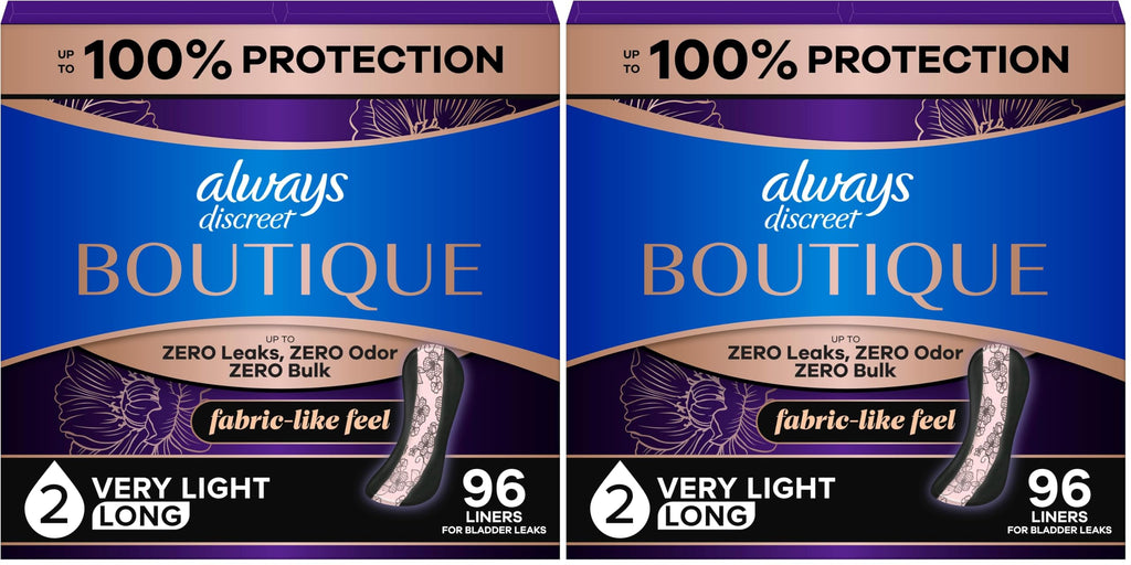 Always Discreet Boutique Incontinence Panty Liners for Bladder Leaks, Size 2, Very Light Absorbency, Long Length, 96 Count (Pack of 2)