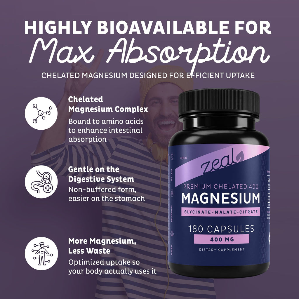 Zeal Naturals Triple Magnesium Complex Supplement - Glycinate, Malate, Citrate | 400mg, 180 Capsules | High Absorption Chelated Magnesium for Sleep, Mood, Muscle Recovery, Relaxation