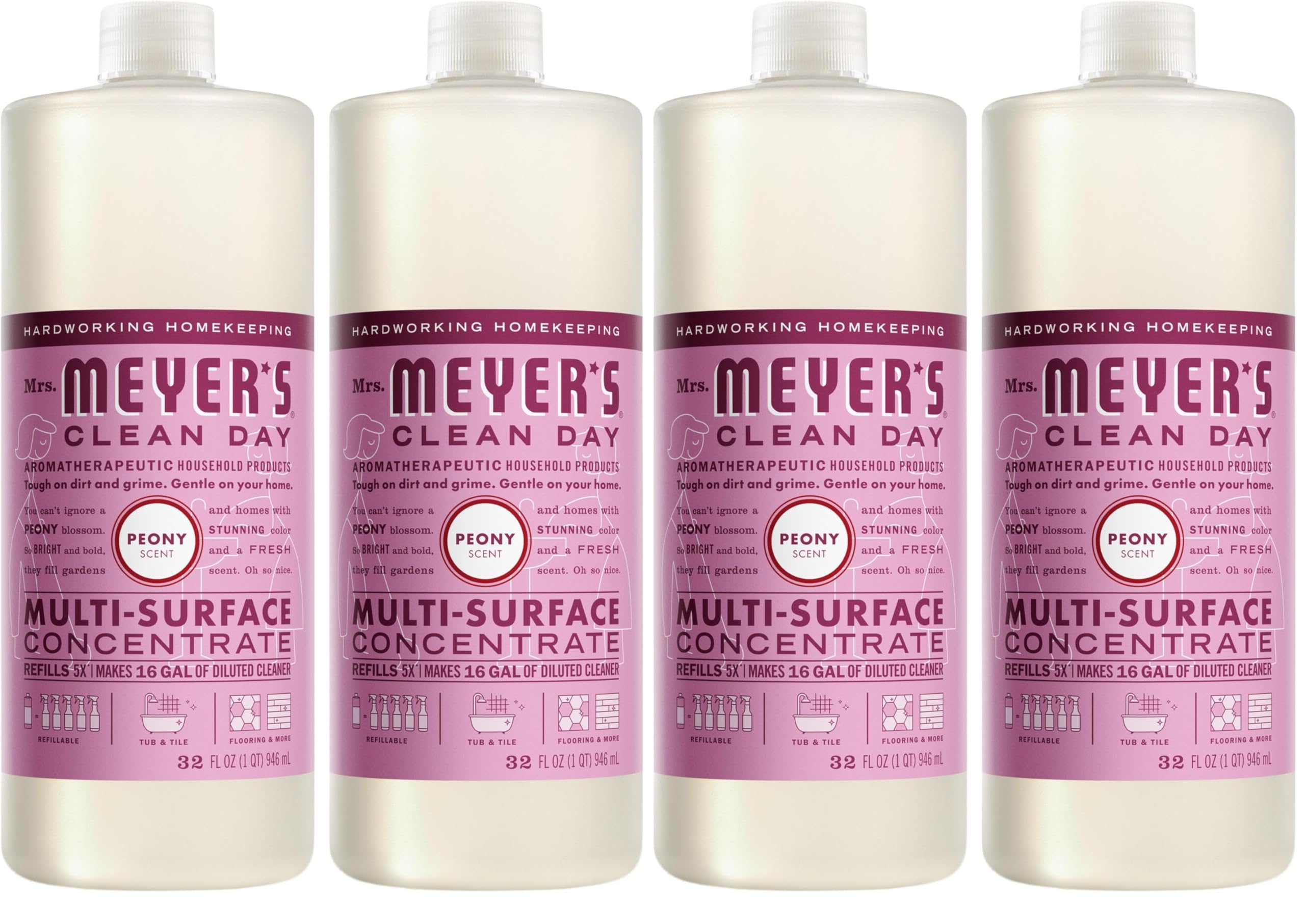 Mrs. MEYER'S CLEAN DAY Multi-Surface Cleaner Concentrate,Use to Clean Floors,Tile,Counters,Peony,32 fl. oz,(Pack of 4)