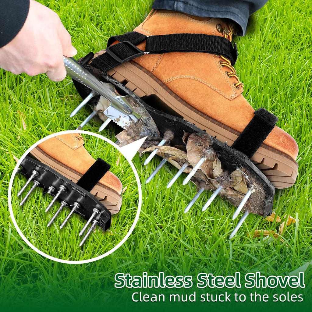 Ohuhu Lawn Aerator Shoes with Stainless Steel Shovel, Free-Installation Aerating Shoe with Hook&Loop Straps, Heavy Duty One-Size-Fits-All Spiked Aerating Sandals for Garden Grass