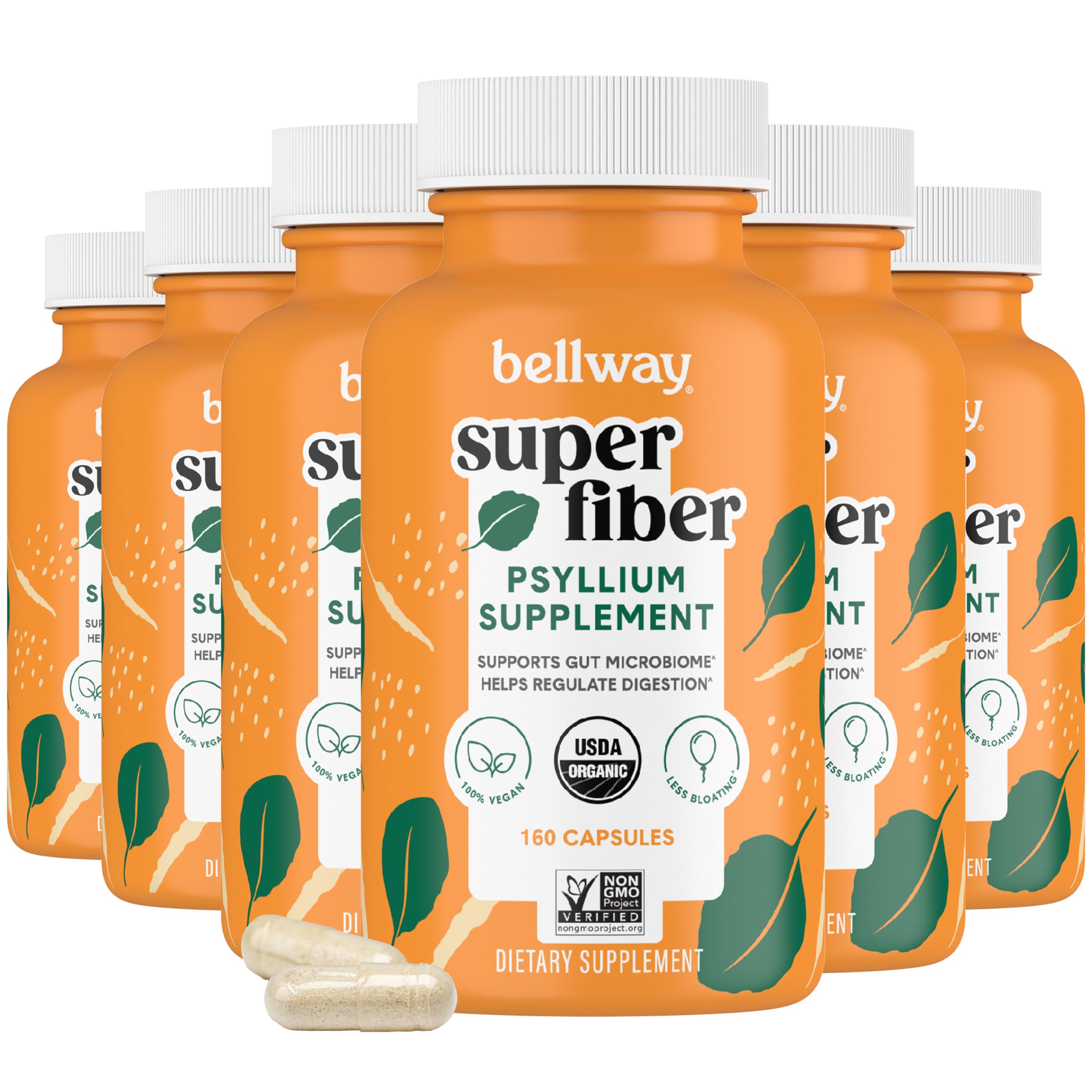 Bellway Super Fiber Capsules (6 Pack) - USDA Organic Psyllium Husk Capsules - Daily Psyllium Husk Fiber Supplement for Digestive Health and Regularity, Plant Based, Non-GMO, Kosher - 960 Capsules