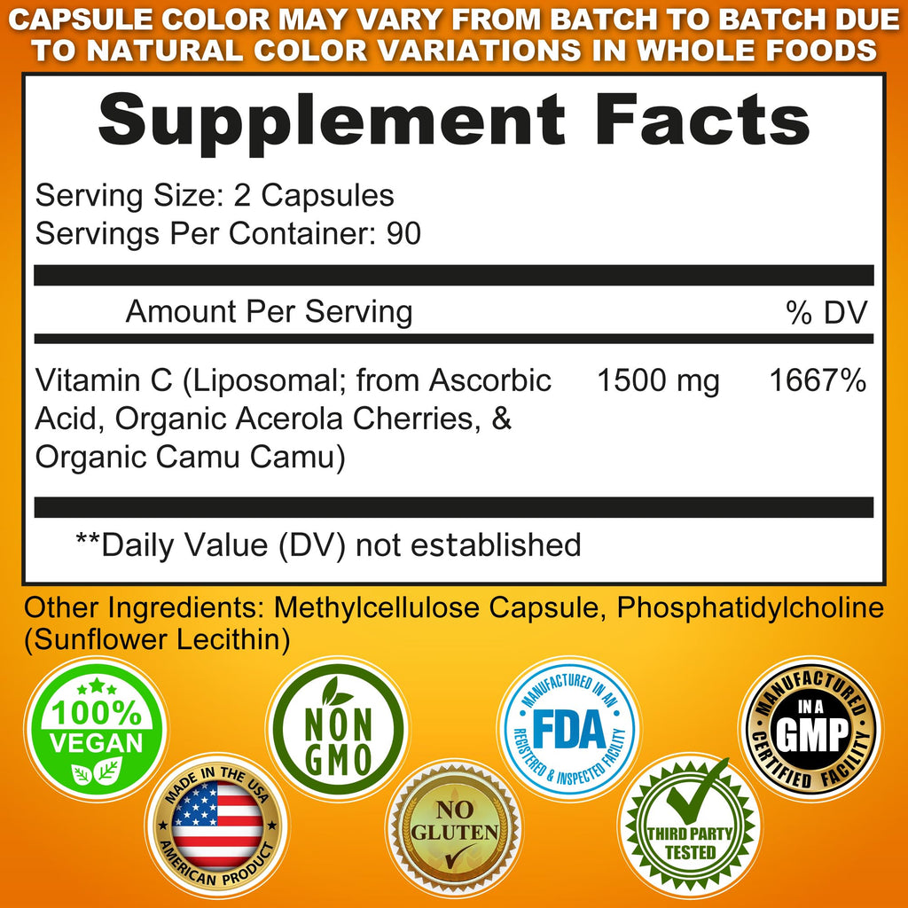 Liposomal Vitamin C Capsules - 1500mg - Made with Organic Acerola Cherries & Camu Camu, High Potency Vitamin C Liposomal - Immune Support Supplement, Enhanced Absorption & Bioavailability - 180 Count