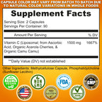 Liposomal Vitamin C Capsules - 1500mg - Made with Organic Acerola Cherries & Camu Camu, High Potency Vitamin C Liposomal - Immune Support Supplement, Enhanced Absorption & Bioavailability - 180 Count