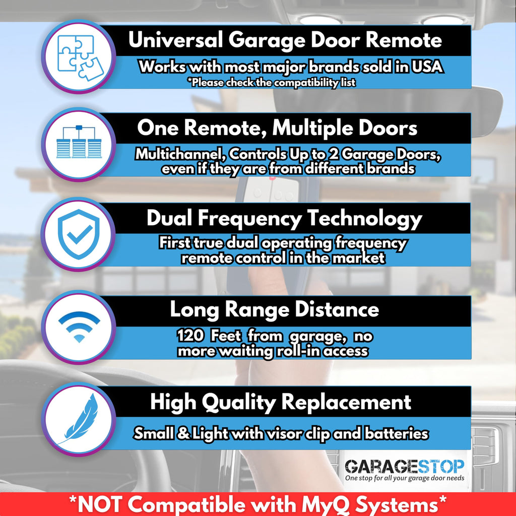 Universal Garage Door Opener Remote – Replacement for LiftMaster, Chamberlain, Genie, Craftsman, Linear – Works with 375LM, 375UT, KLIK1U – Learn Button & DIP Switch – Operates 2 Doors/Gates, Blue