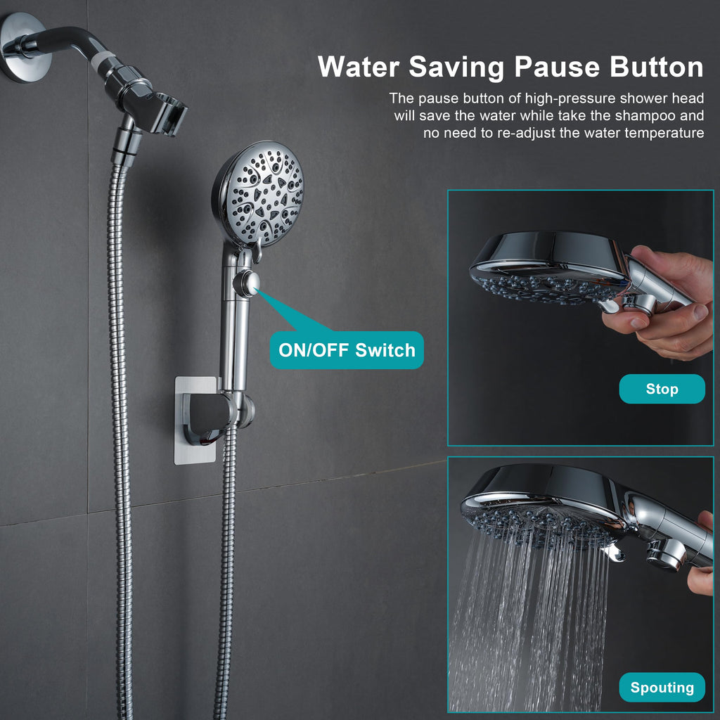 GwernKB Handheld Shower Head with On Off Switch 8-Mode High Pressure Showerhead with 79 Inches Extra-long Stainless Steel Hose and Bracket PLUS Extra Low-Reach Adhesive Wall Mount for Kids,Silver…