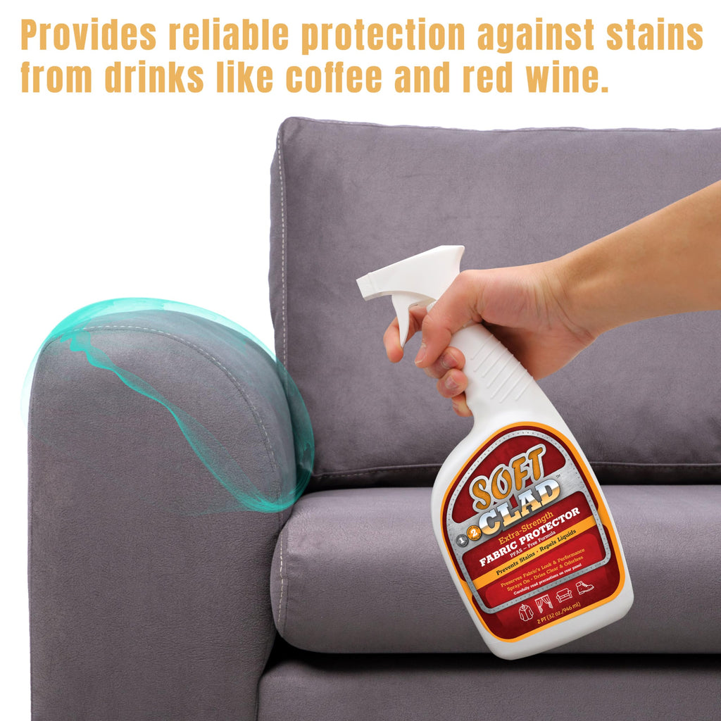 Extra Strength Fabric Protector Spray Prevents Stains and Repels Liquids. SoftClad Guards Furniture, Shoes, Carpet, Upholstery, Suede, Leather, Couch. Safe for Indoor Use. PFAS Free Formula 32oz