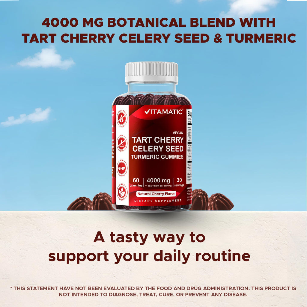 Vitamatic Tart Cherry with Celery Seed Gummies – 4000mg Equivalent Per Serving (from 10:1 Extract, 400mg) - 2-Pack