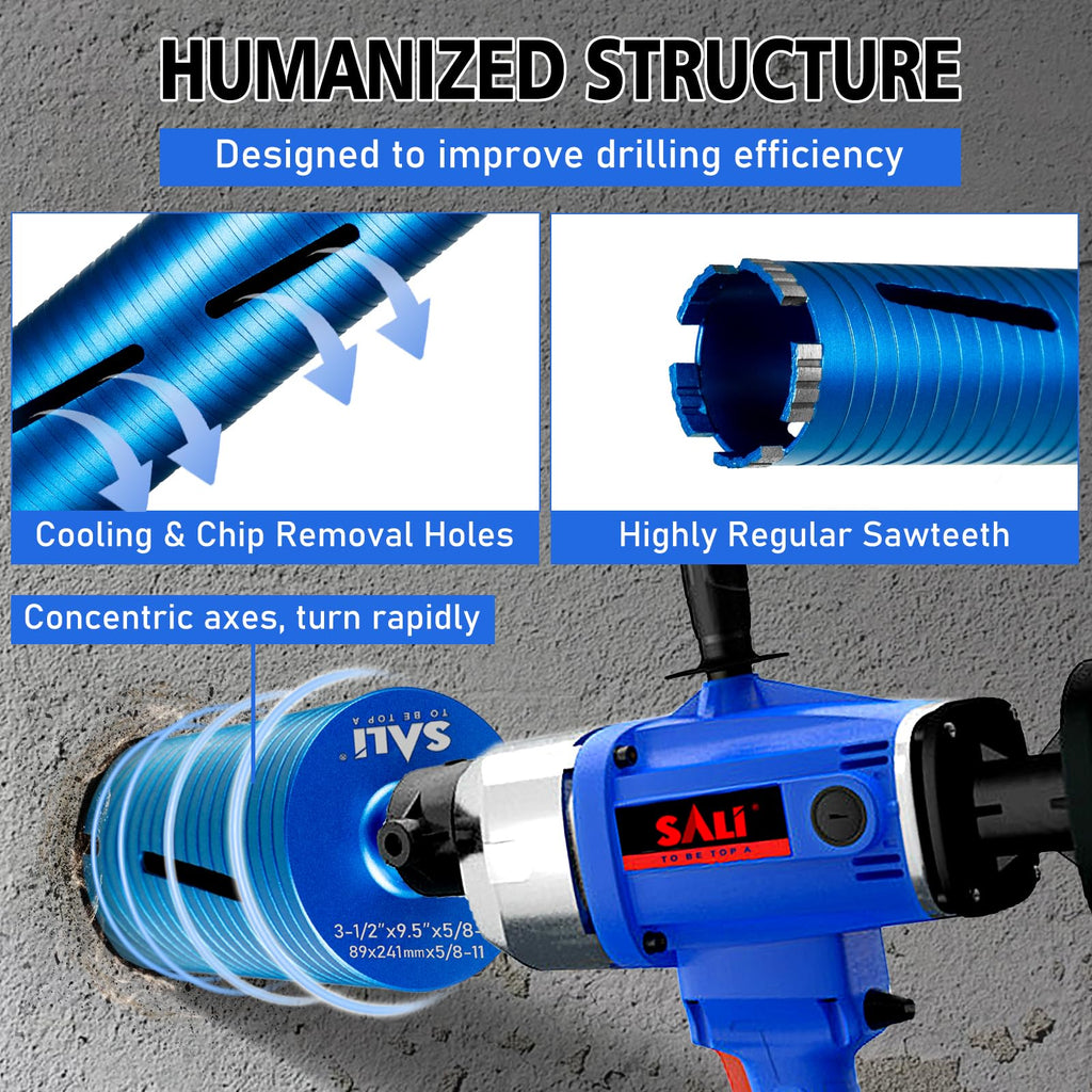 SALI Diamond Core Drill Bits 1 1/2" Diameter 10"/254mm Drilling Depth 5/8-11" Thread Core Bit Turbo Laser-Welded Segments for Cured Concrete with Brick, Block, Masonry, with Two Adapters