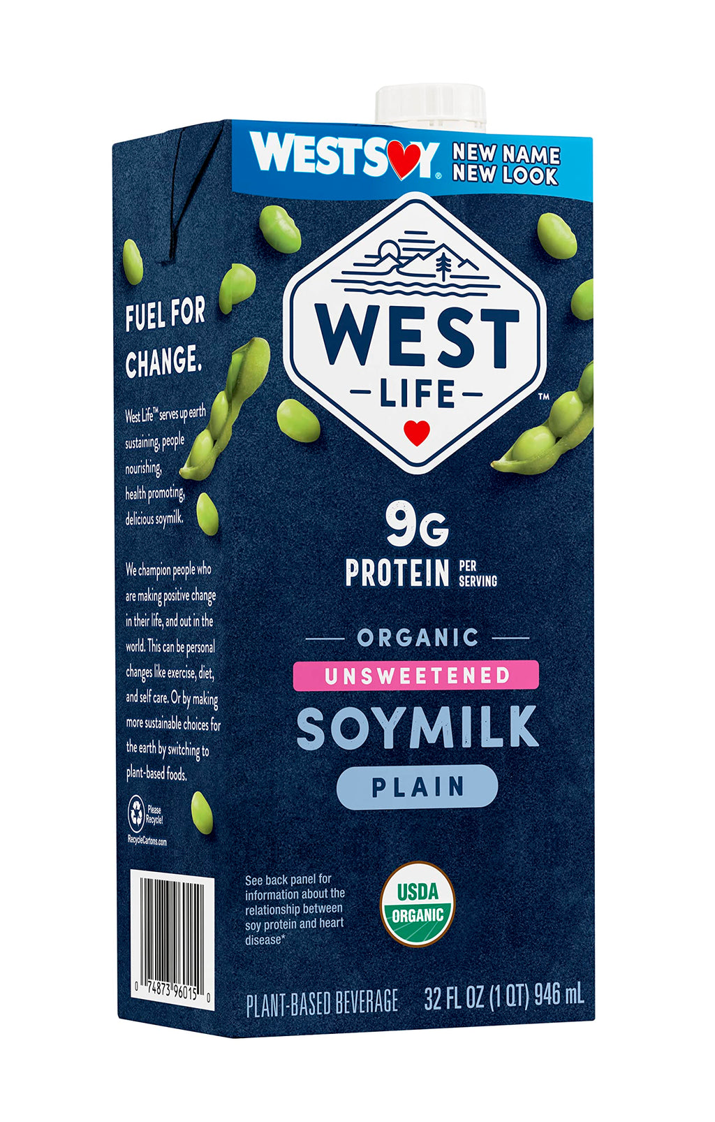 West Life Organic Soy Milk, Unsweetened Plain, Low Sugar, 9g of Protein, Vegan Dairy Alternative, Lactose-Free, Shelf Stable, 32oz (Pack of 6)