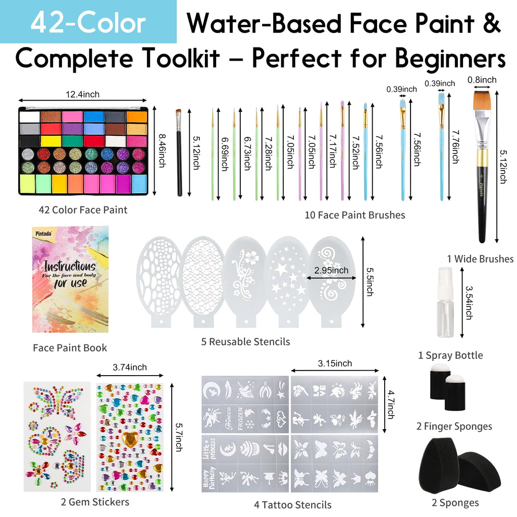 Pintada 42 Color Face Painting Kit for Kids - Non Toxic Water Activated Face Paint Palette With Stencils, Brush, Sponges, Book. For Carnival, Halloween, Costume Makeup and Festivals & Events