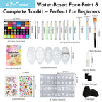 Pintada 42 Color Face Painting Kit for Kids - Non Toxic Water Activated Face Paint Palette With Stencils, Brush, Sponges, Book. For Carnival, Halloween, Costume Makeup and Festivals & Events