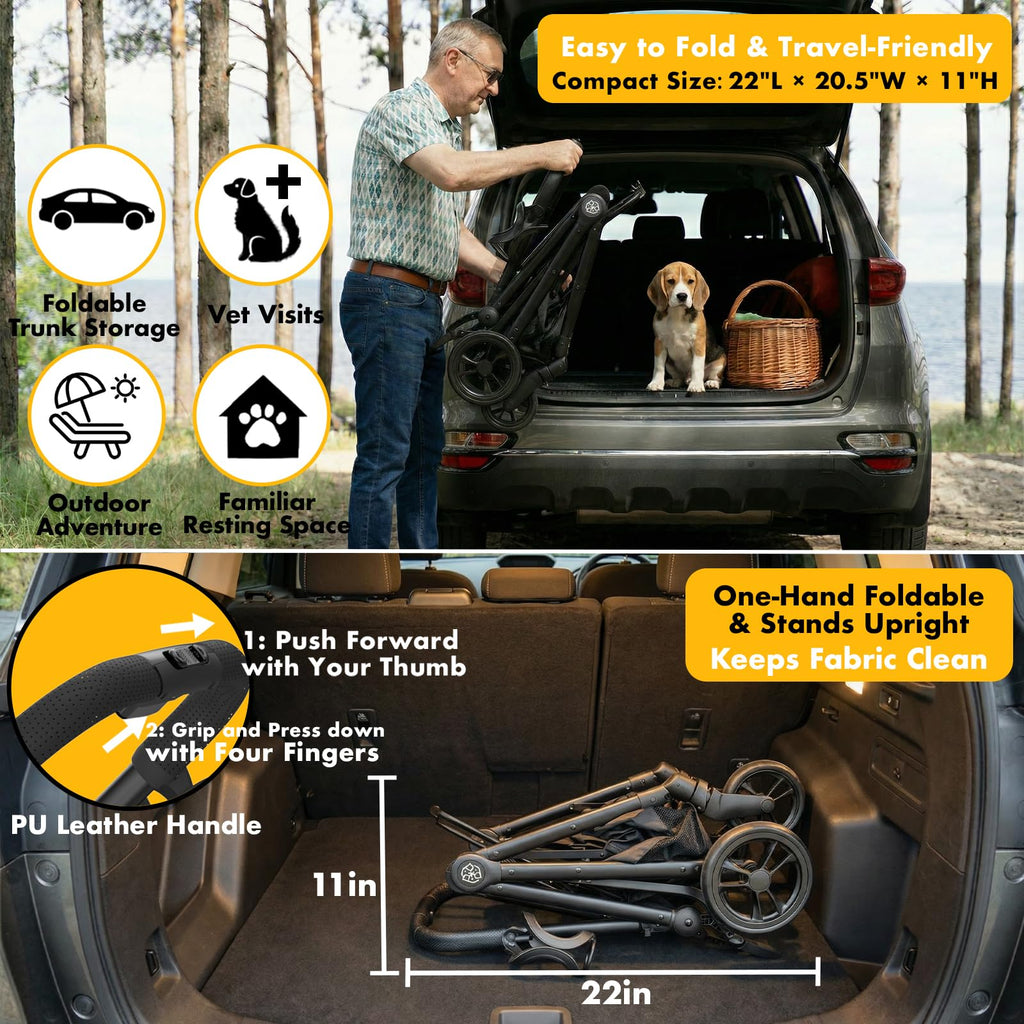 PAWZIDEA 4-in-1 Pet Stroller for Small Medium Dogs & Cats, Foldable Dog Stroller with Detachable Carrier, Escape-Proof No-Zip Canopy, Lightweight Portable Travel Crate & Car Seat Combo, Storage Basket
