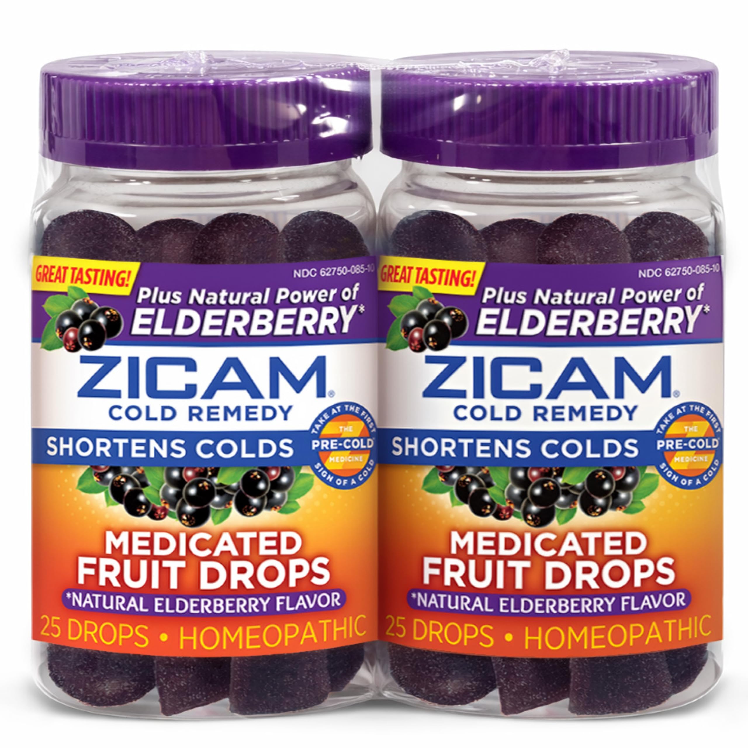 Zicam Cold Remedy Medicated Fruit Drops, Elderberry Flavor, Zinc Cold Shortening Medicine, Chewy Drops, 50 Count (2 Packs of 25)