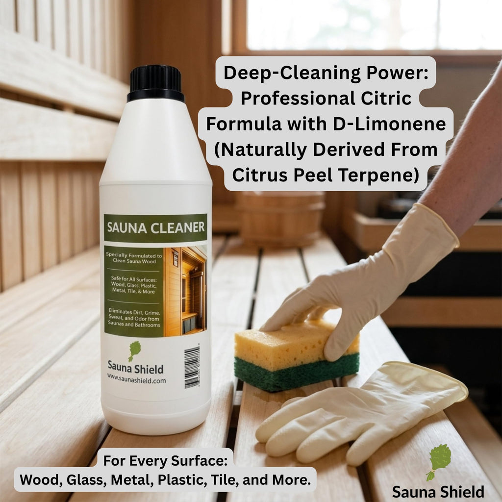 Sauna Shield Sauna Care Set – Sauna Wood Oil & Sauna Cleaner (33.8 fl oz each) with Applicator Sponge & Gloves | Protects, Cleans & Nourishes Sauna Wood | For Traditional & Infrared Saunas