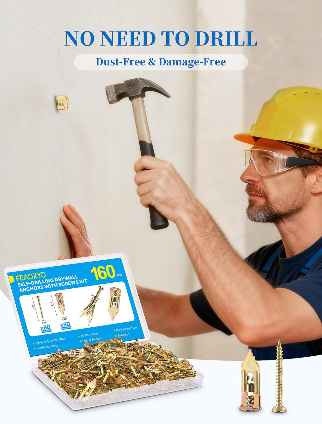 FEAOXYO 160 PCS Self Drilling Drywall Anchors with Screws Kit, Zinc Plated