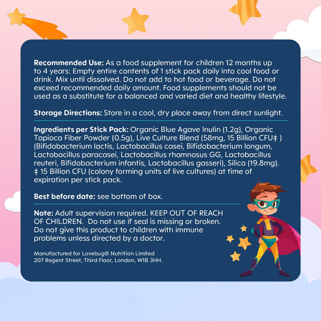 Lovebug Kids Probiotic Powder with Prebiotic Fiber - Toddler Immunity Support & Constipation Relief - USDA Organic Probiotics for Childrens Gut & Digestive Health (Ages 1-4) - 30 Pack (Unflavoured)