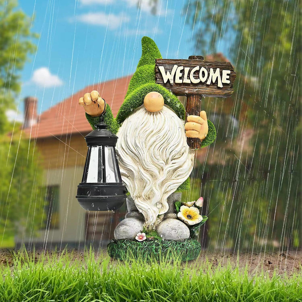 Meagkka Garden Gnome Statue Outdoor Decor Large Flocked Resin Gnome Figurine with Solar Light Holding Lantern Welcome Sign Garden Yard Decorations Dwarf Sculpture for Outside Patio Porch Lawn Decor.