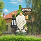 Meagkka Garden Gnome Statue Outdoor Decor Large Flocked Resin Gnome Figurine with Solar Light Holding Lantern Welcome Sign Garden Yard Decorations Dwarf Sculpture for Outside Patio Porch Lawn Decor.