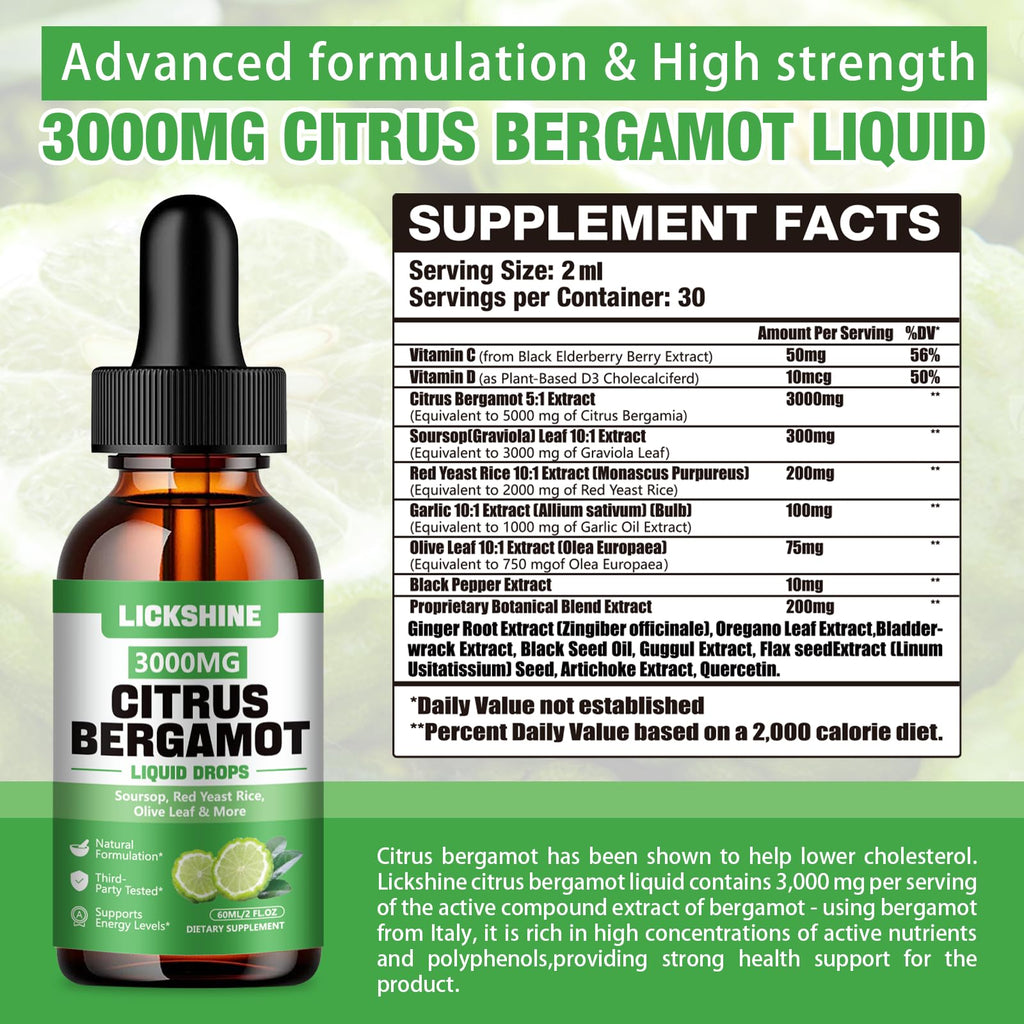 lickshine 2 Pack 3000mg Citrus Bergamot Liquid Drops - High Absorption - Cholesterol Lowering Supplement for Immune Support Anti-Aging, Hight Cholesterol - Soursop Bitters Liquid, 4 Fl Oz