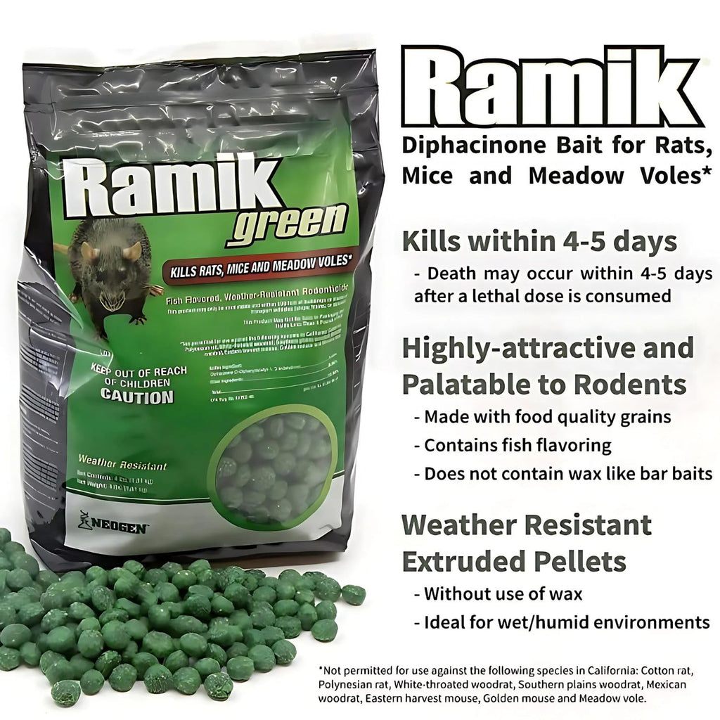 Neogen Ramik Green Fish Flavored Weather Resistant Rodenticide Nuggets, 4 lb bag (00615)