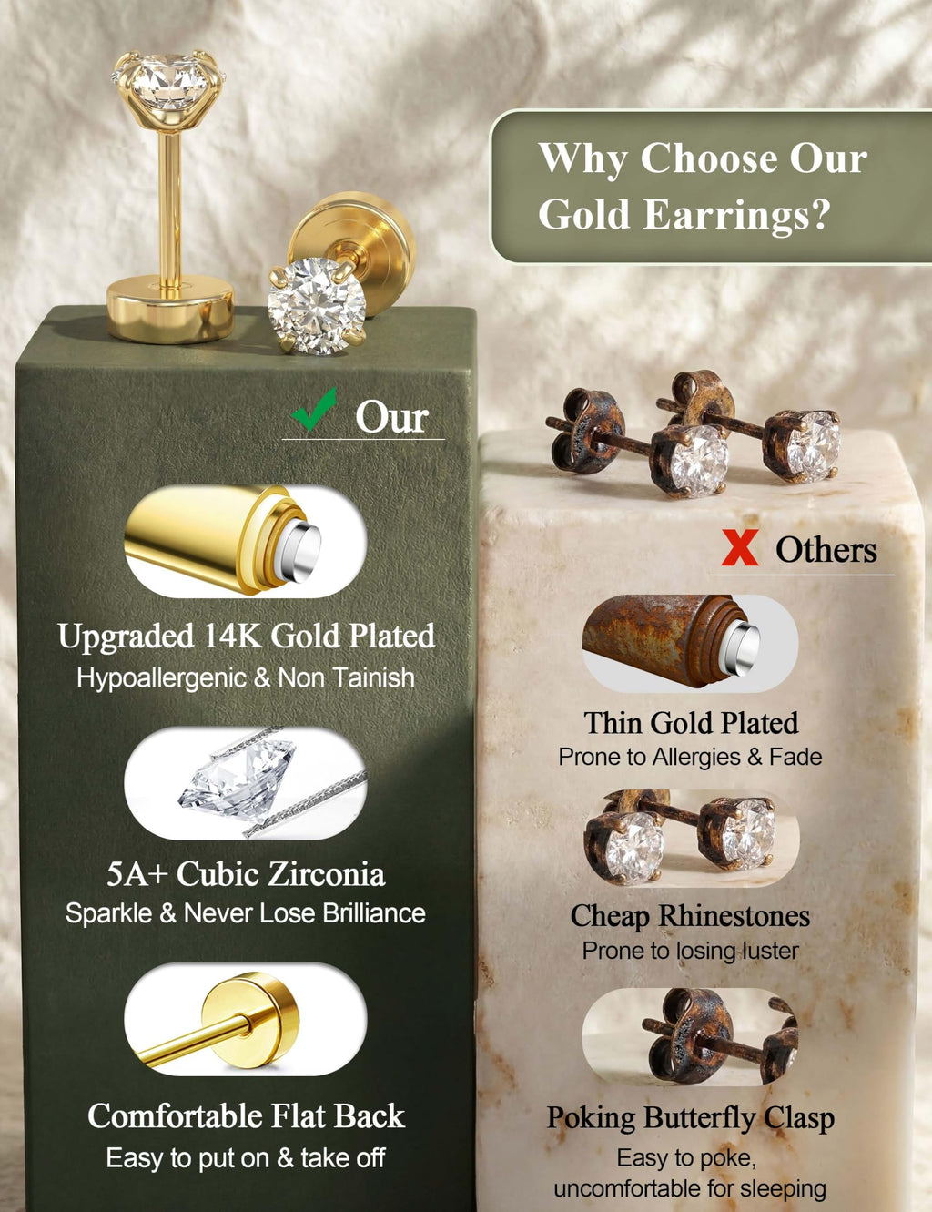 Jstyle Hypoallergenic Flat Back Earrings for Women Gold Earring Stacks 4