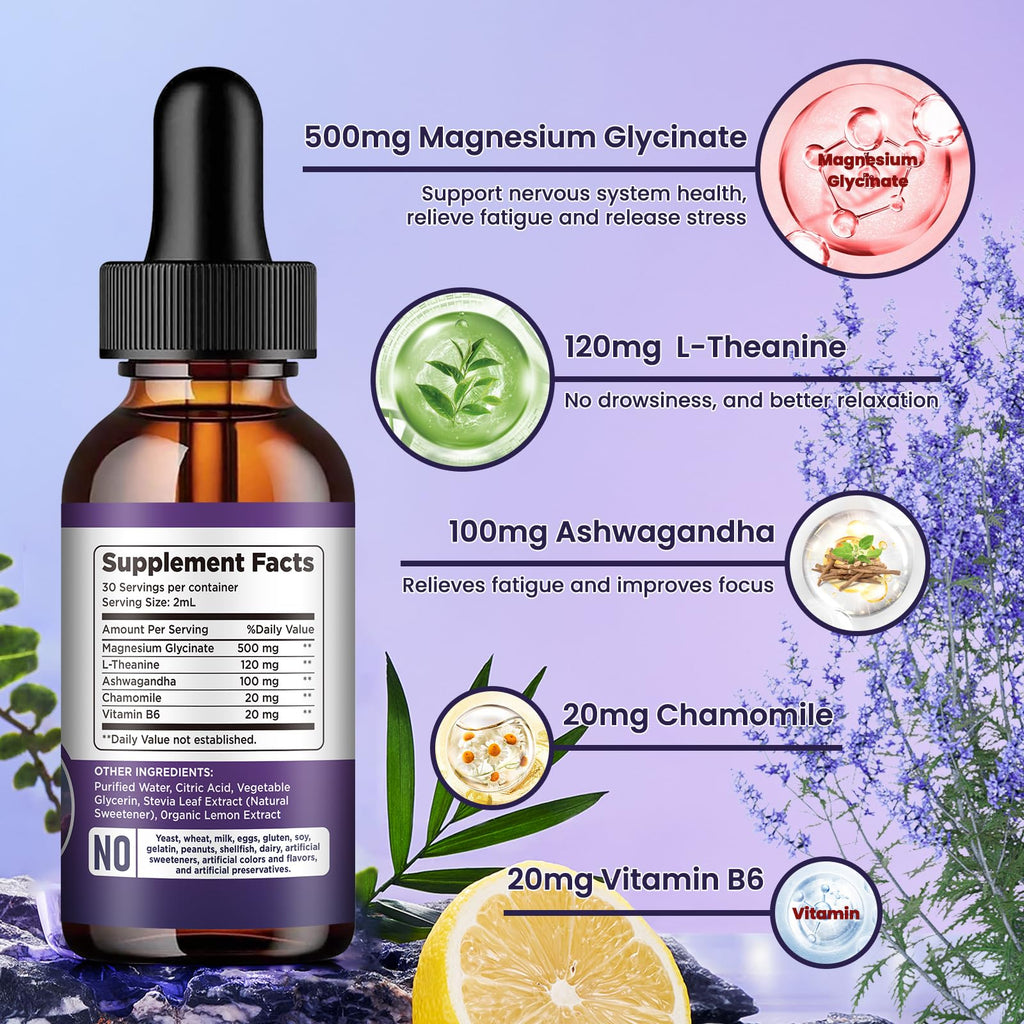 Magnesium Glycinate Supplement, Magnesium Liquid Drops with Magnesium Glycinate 500mg Vitamin B6, Ashwagandha, L - Theanine, Chamomile -Support Stress Relief, Bone, Muscle, Mood Vegan