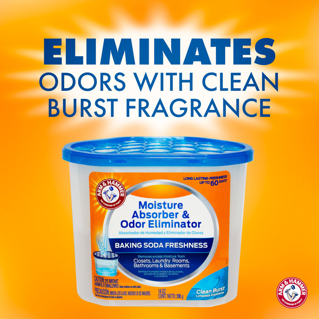 Arm & Hammer Clean Burst Moisture Absorber and Odor Eliminator Tubs, 14 oz., 3 Pack, Attract and Trap Excess Moisture, Eliminate Musty Odors, Convenient and Effective