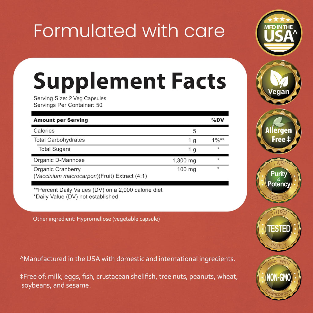NaturaLife Labs Organic D-Mannose 1300 mg with Organic Cranberry Extract 100 mg per Serving – 100 Capsules – Non-GMO, Gluten-Free, Vegan