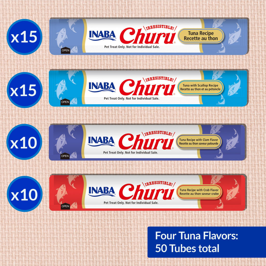 INABA Churu Cat Treats, Lickable, Squeezable Creamy Purée Cat Treat with Green Tea Extract & Taurine, 0.5 Ounces Each Tube, 50 Tubes, Tuna & Seafood Variety