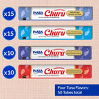 INABA Churu Cat Treats, Lickable, Squeezable Creamy Purée Cat Treat with Green Tea Extract & Taurine, 0.5 Ounces Each Tube, 50 Tubes, Tuna & Seafood Variety